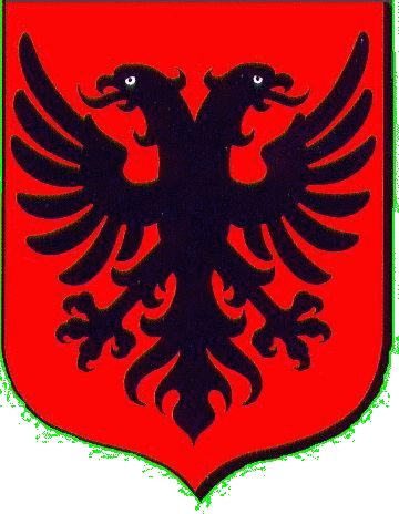 De gueules à l'aigle éployé de sable avec un manteau de pierre sommé du casque d'or de Scarder Beg, orné d'une tête de bouc sauvage